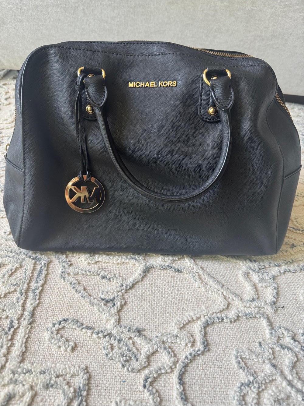Michael Kors Black Leather Dome Satchel with Gold Hardware
